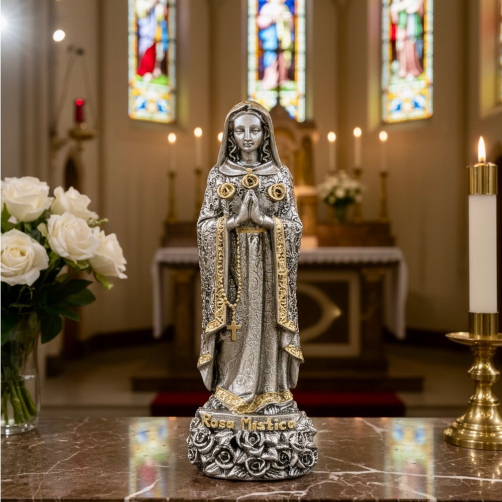 Virgin Mary Rosa Mística Silver and Gold Religious Sculpture
